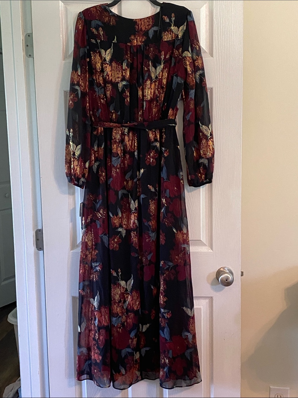 Black Floral Wrap Maxi Dress with Burgundy, Gold & Blue Accents - Picture 2 of 4
